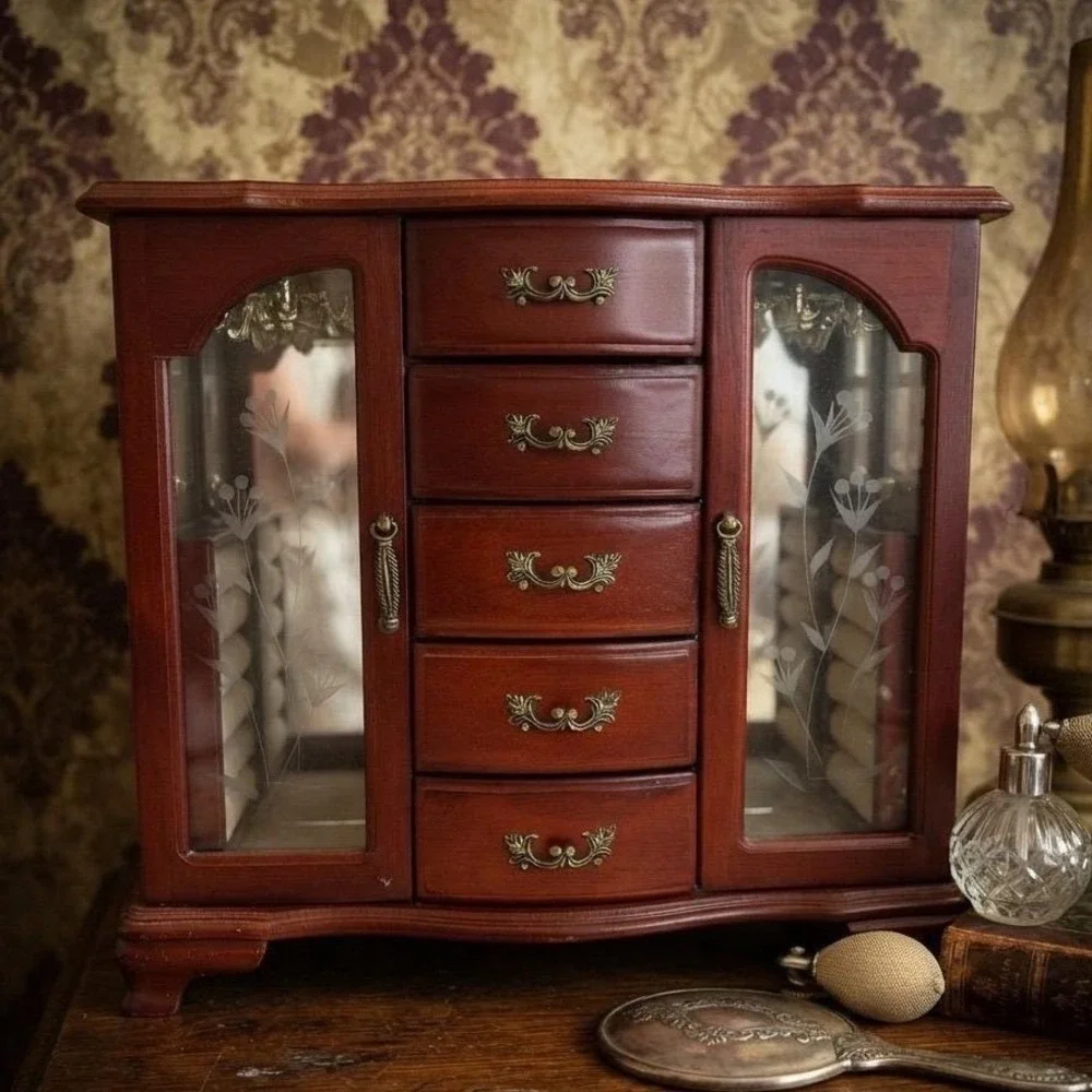 Vintage Wooden Jewelry Armoire Cherry Finish Etched Glass 5 Drawers Mirror Box
